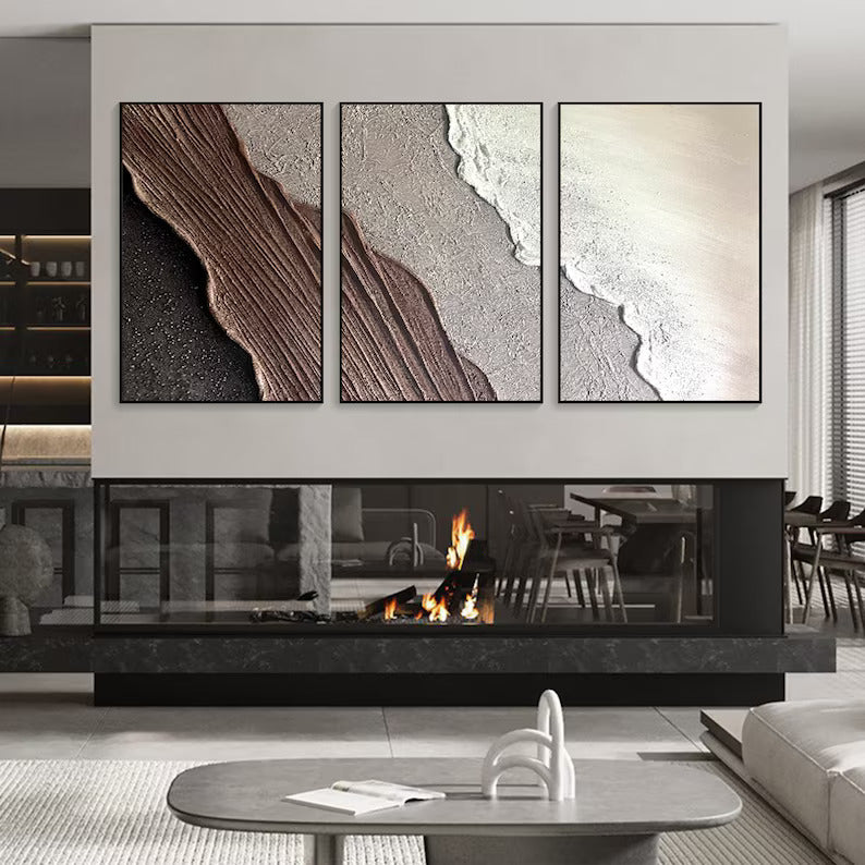 Beige Textured Abstract Ocean waves art (set of 3)