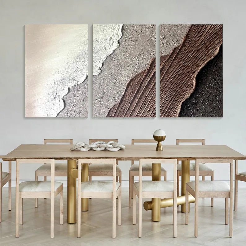 Beige Textured Abstract Ocean waves art (set of 3)